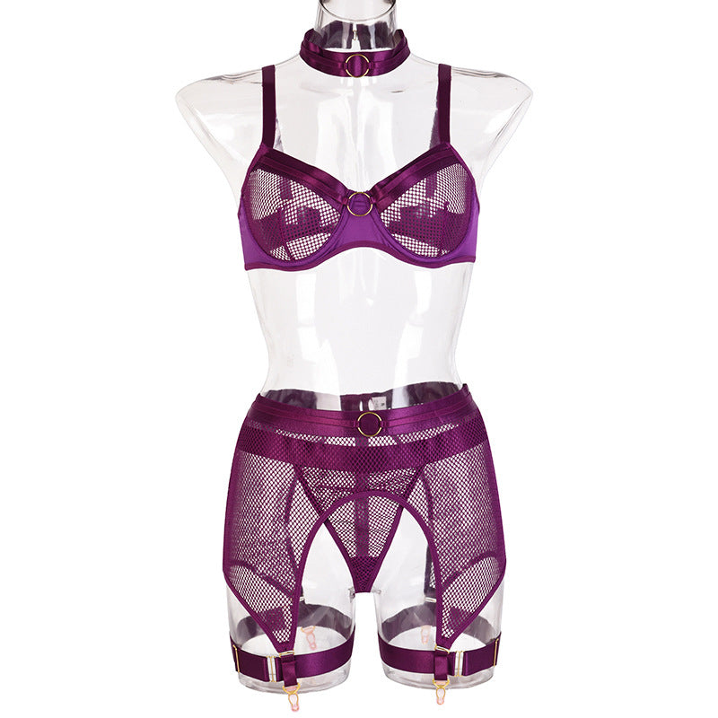 Women's Mesh Stitching Underwear Set with Garter Belt and Halterneck