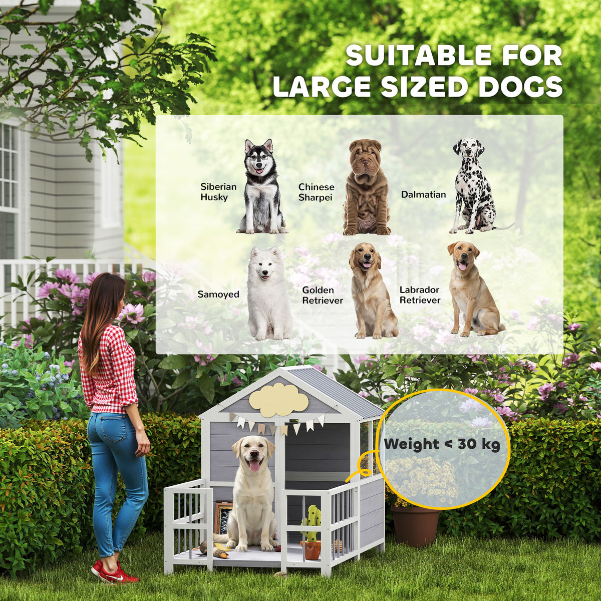 Large Wooden Outdoor Dog House with Porch & Weatherproof Roof - Gray