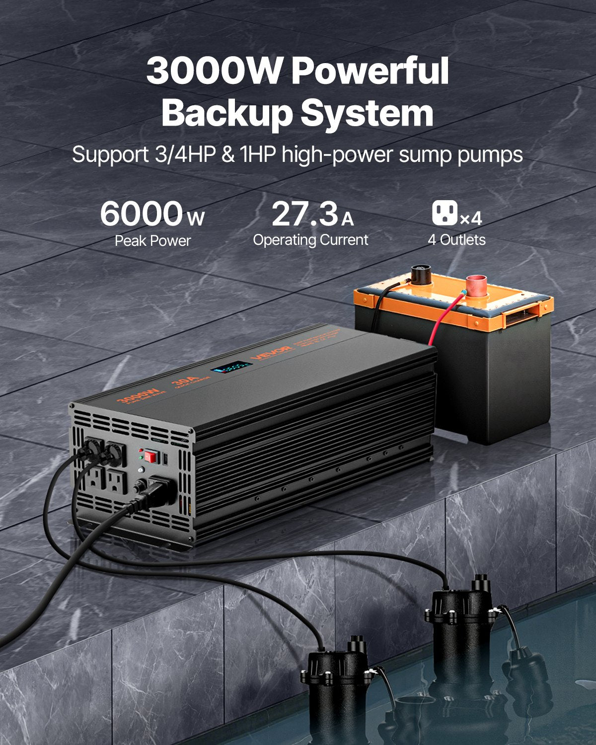 3000W Battery Backup Inverter for Sump Pumps with LCD Display - Black