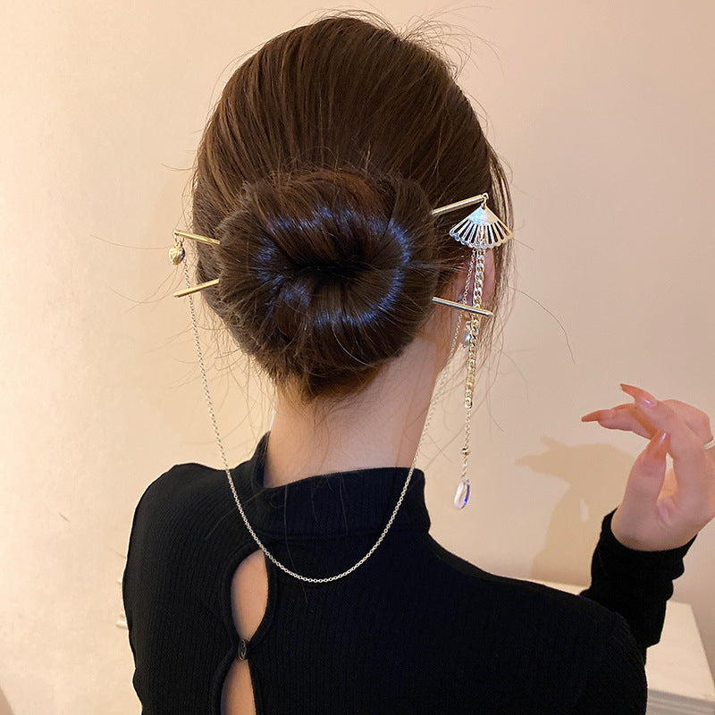 Gold Hairpin Set - Colorful Water Drop Love Fan Tassel Hair Accessories