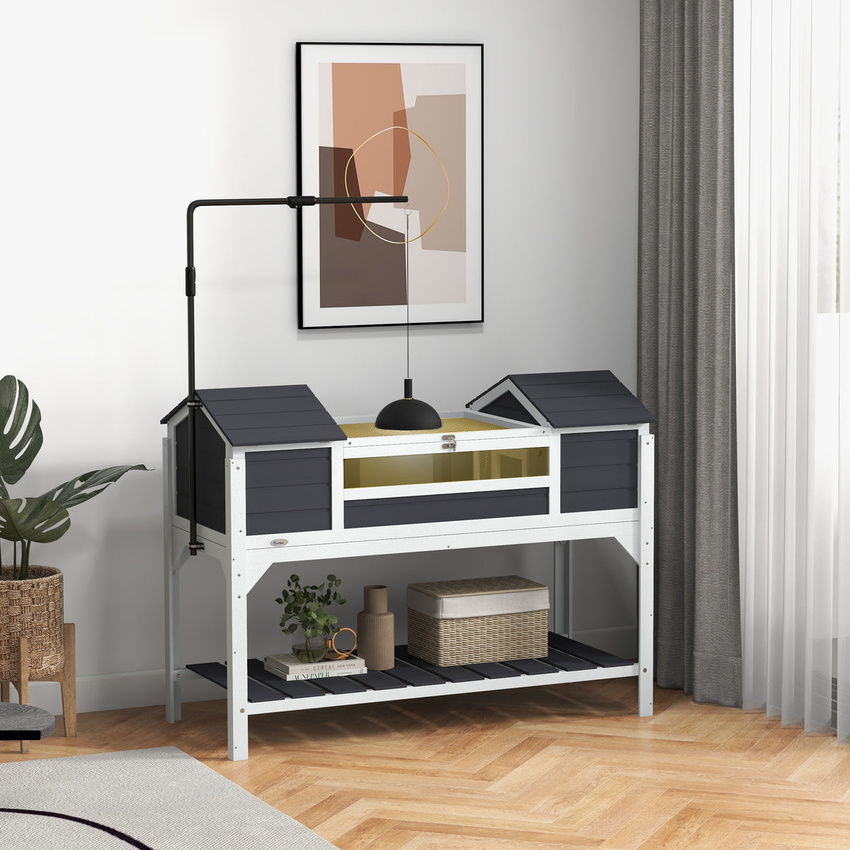 Pet Tortoise House with Adjustable Lamp Holder & Storage Shelf - Gray