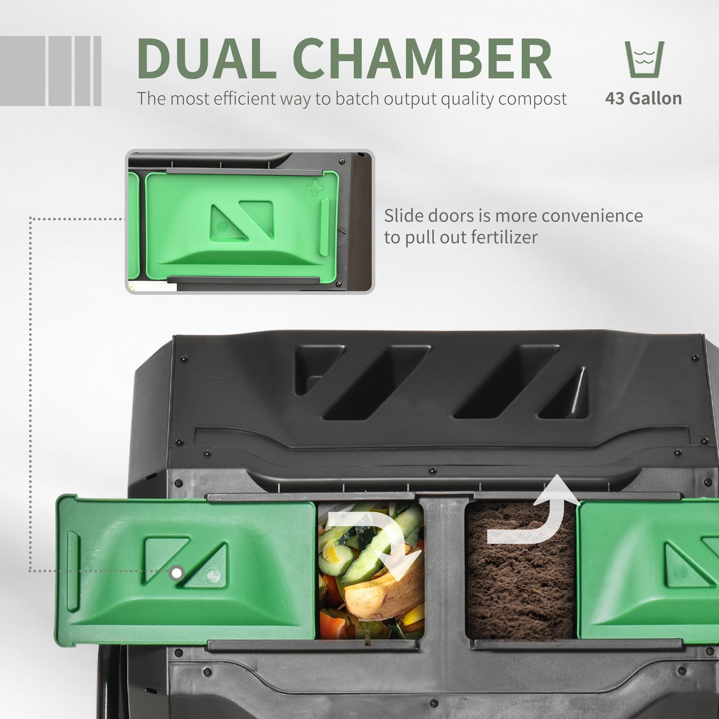 Outdoor Compost Bin 43 Gallon Dual Chamber Rotating Garden Tumbler - Green