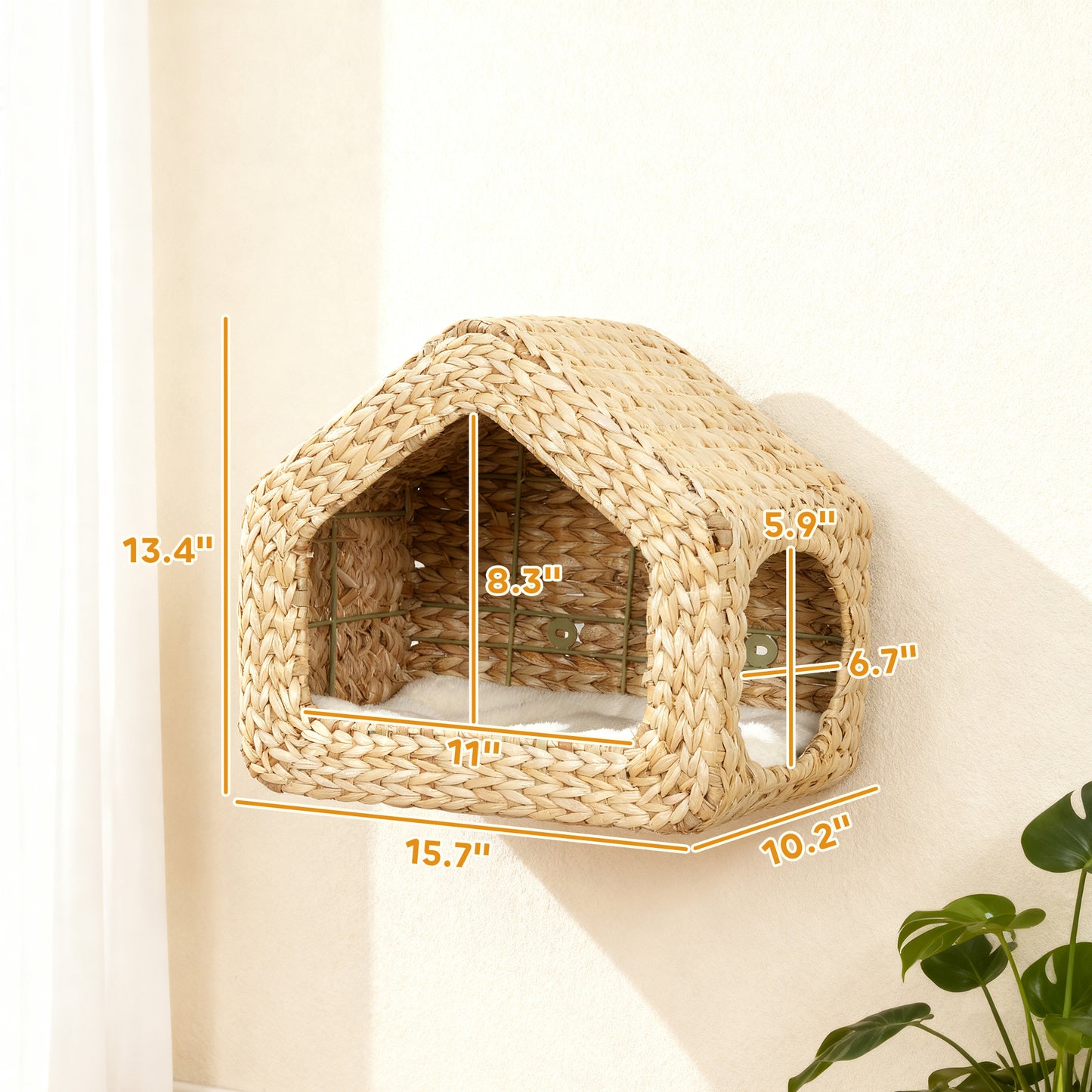 Wall Mounted Cat House with Washable Cushion - Natural Wood Cat Wall Shelf