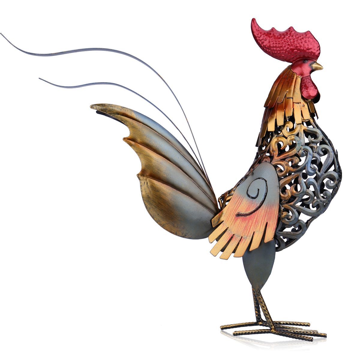 Wrought Iron Rooster Decoration - Animal Hanging Ornament in Gold & Silver
