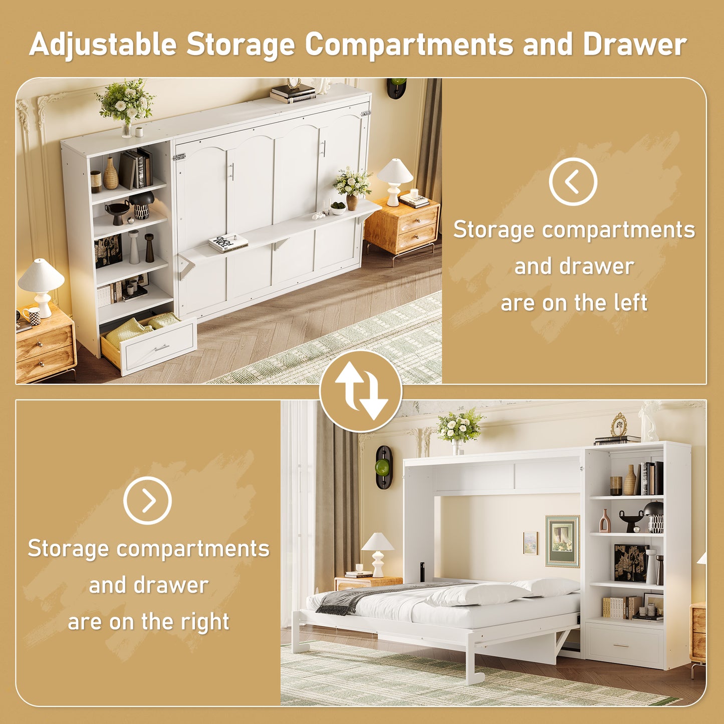 Queen Size Murphy Bed With Height Adjustable Storage Compartments And