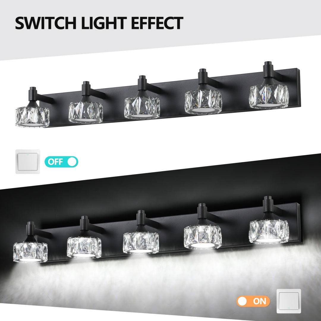 5-Light Matte Black LED Vanity Light Fixture with Crystal Shades