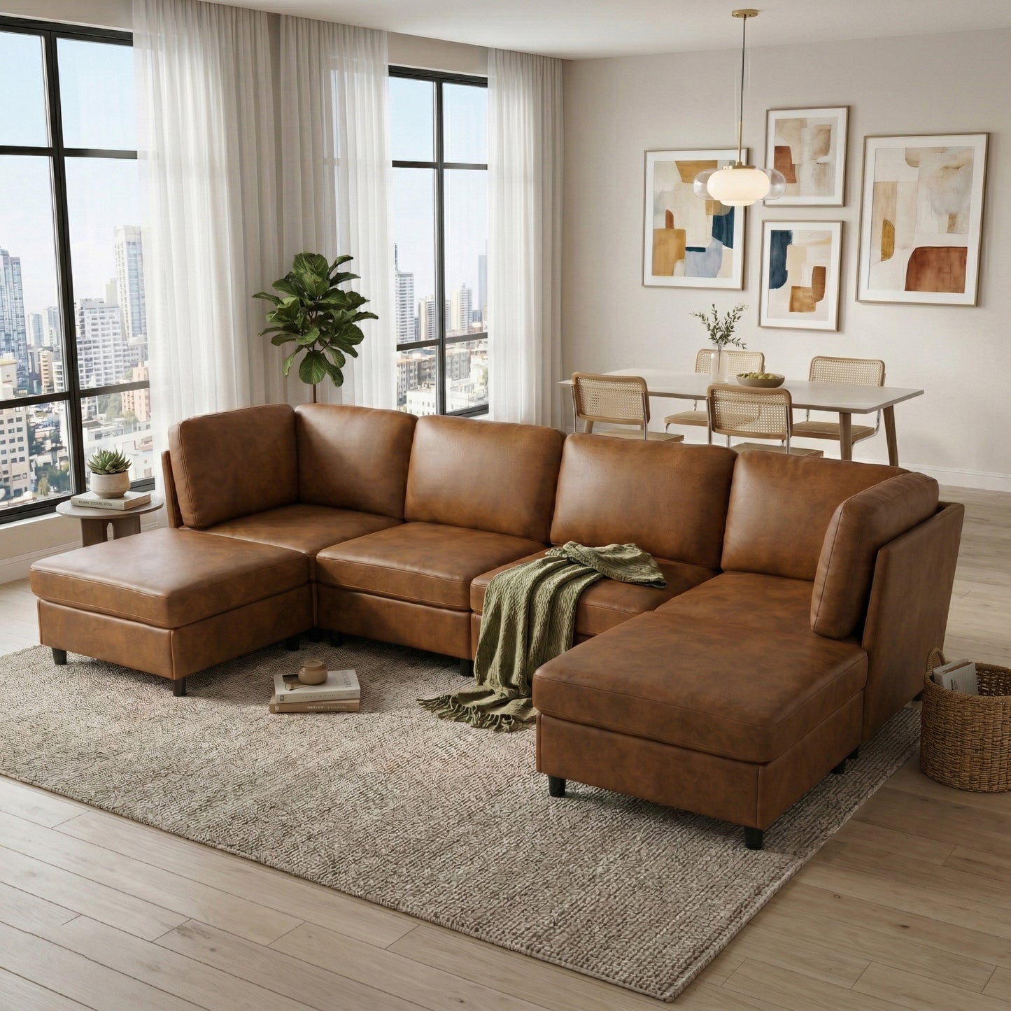 Modular Corner Sofa - Light Brown Fabric, 6 Seats, Modern Design