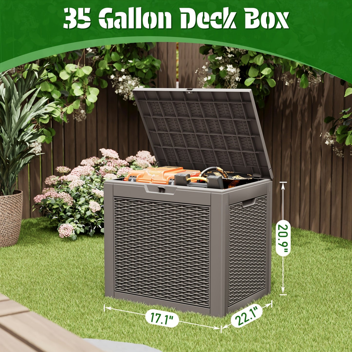 35 Gallon Outdoor Waterproof Storage Box with Lock Hole for Garden & Patio