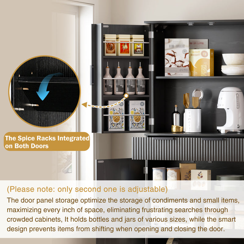 72-Inch Black Pantry Cabinet with 3 Drawers & 6 Shelves