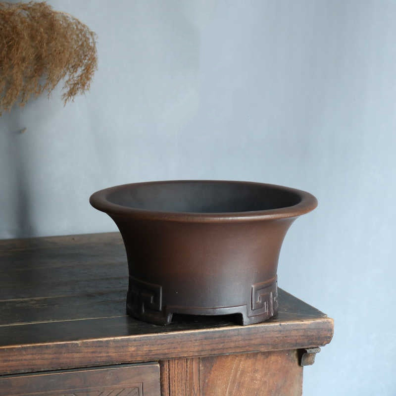Large Round Handmade Plant Bowl with Three Feet - Purple Clay