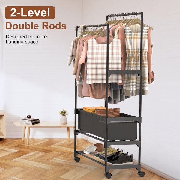 3 Tiered Portable Clothing Rack For Bedroom Entryway Double Hanging