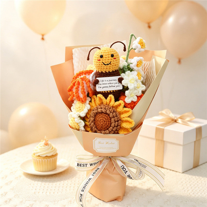 Crochet Artificial Floral Bouquet with Bee Doll Sunflowers Daisies Home Decor