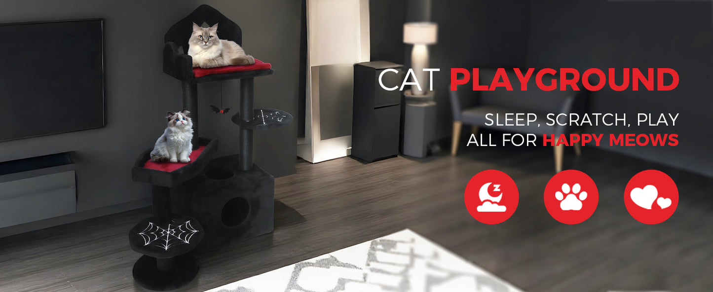 Black Gothic Cat Tree with Scratch Posts, Perches, Hammock & Cat Cave - 44.5in