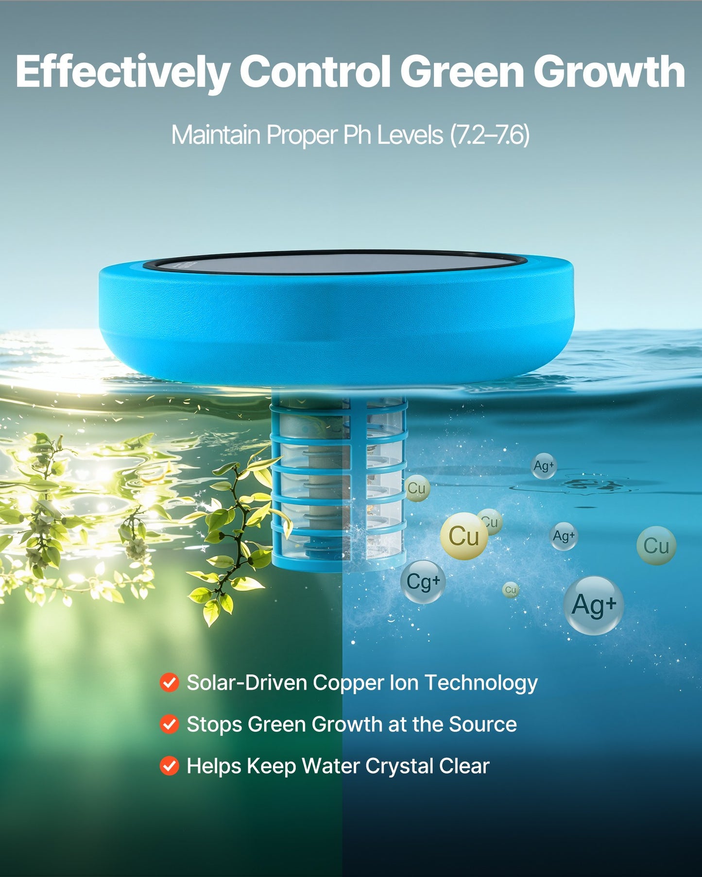 Solar Pool Ionizer for Up to 35000 Gallons - Copper Water Purifier & Cleaner, Floating Automatic Water Treatment, Chlorine-Free, Black