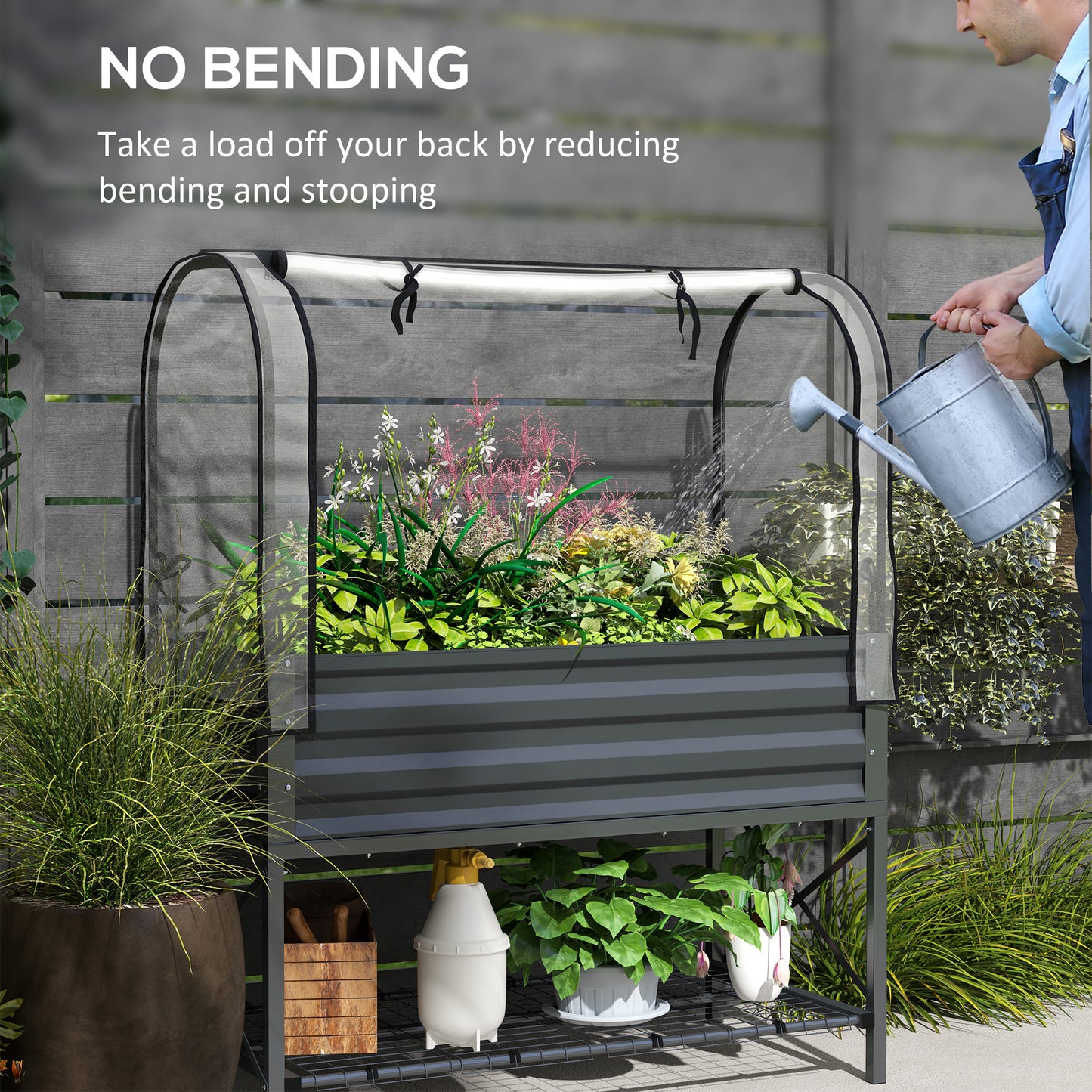 Raised Garden Bed with Cover and Legs - Metal Elevated Planter with Shelf - Dark Gray 1180x370x95mm
