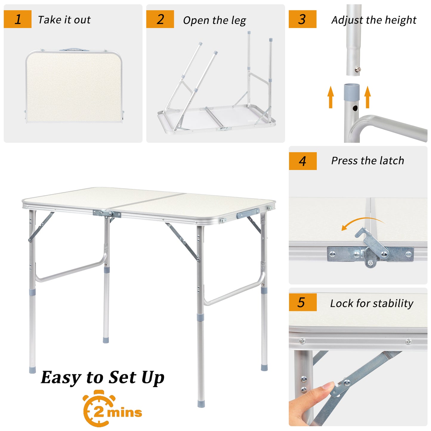 3ft Portable Aluminum Folding Table - White, 90x60cm