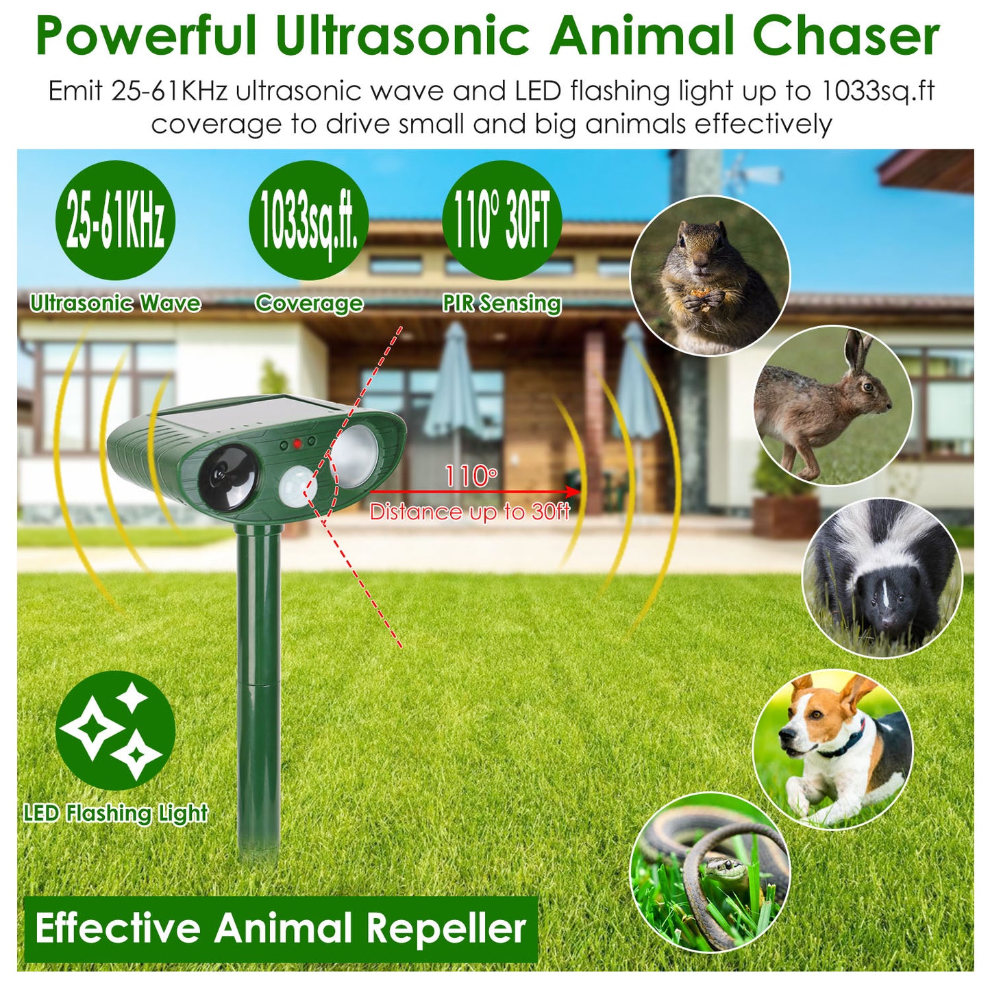 Solar Ultrasonic Animal Repeller with LED Flashing Light