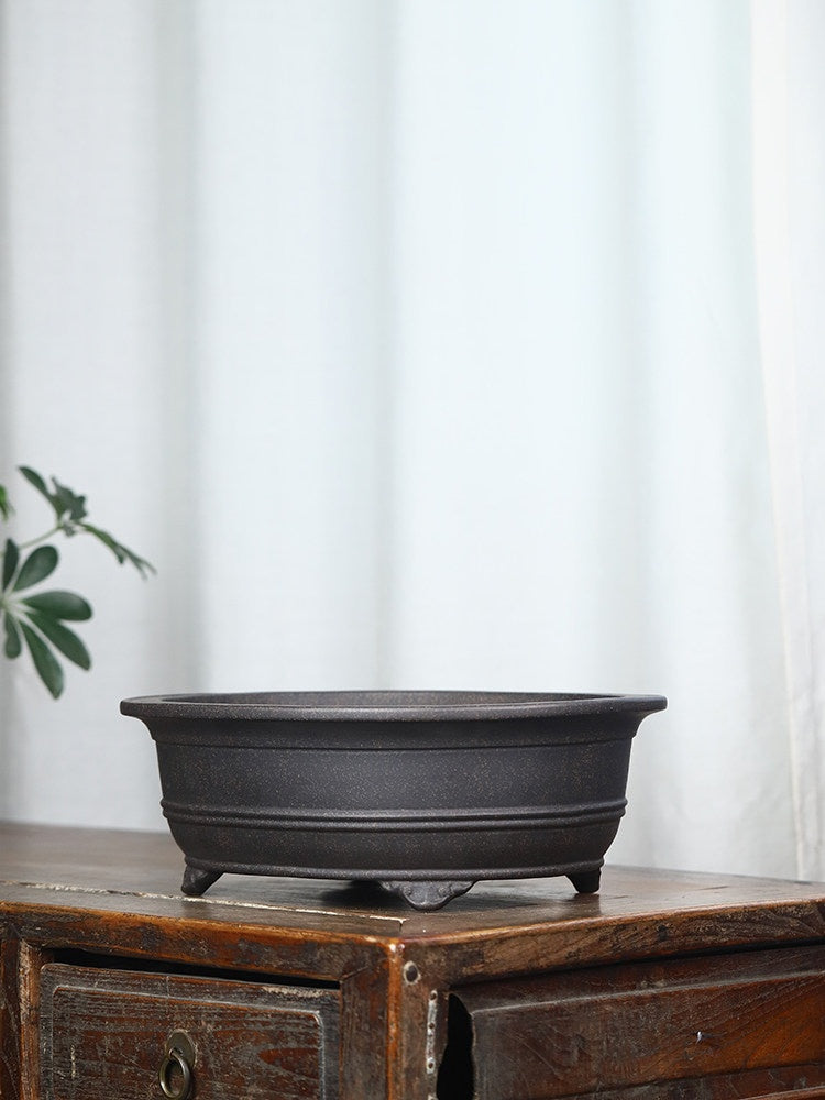 Oval Antique Bronze Clay Flower Pot with Pine and Cypress Trees - Yixing Style