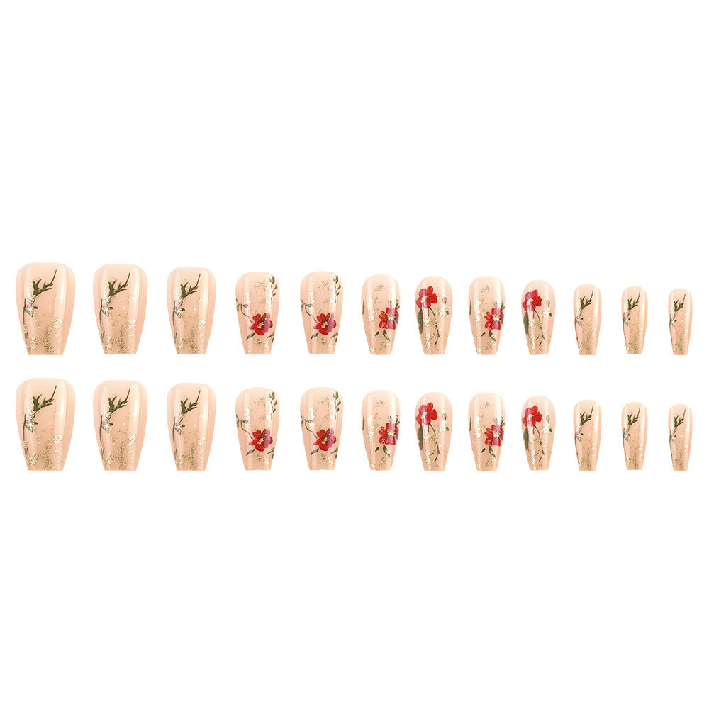 Gold Glitter Nail Tips with Red Rose Design - Short Nail Art Set
