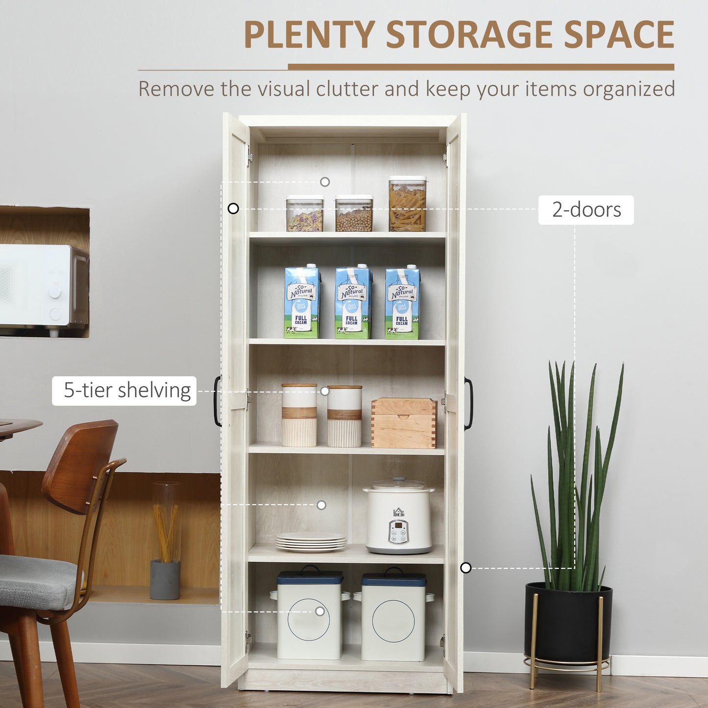 63" Freestanding Kitchen Pantry Cabinet with 5-Tier Shelving - Antique White