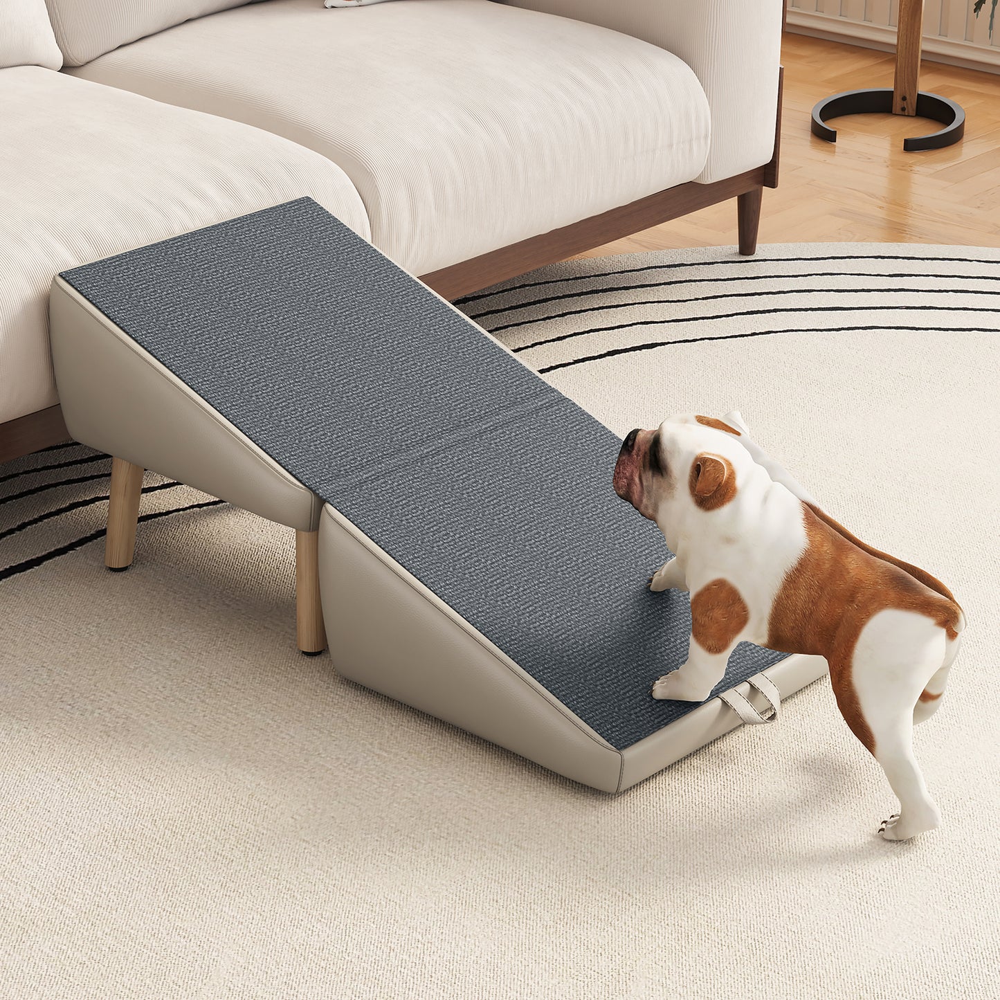 Foldable Wooden Dog Steps for Small Dogs and Cats - Non-Slip Ramp for Couch and Bed, Light Grey