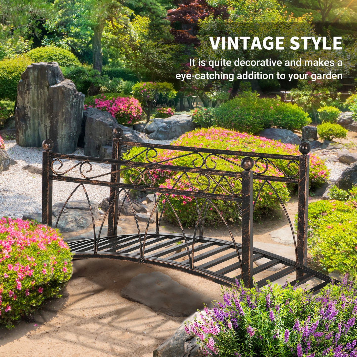 Metal Arch Garden Bridge with Safety Siderails - Bronze, 1110x160x460mm