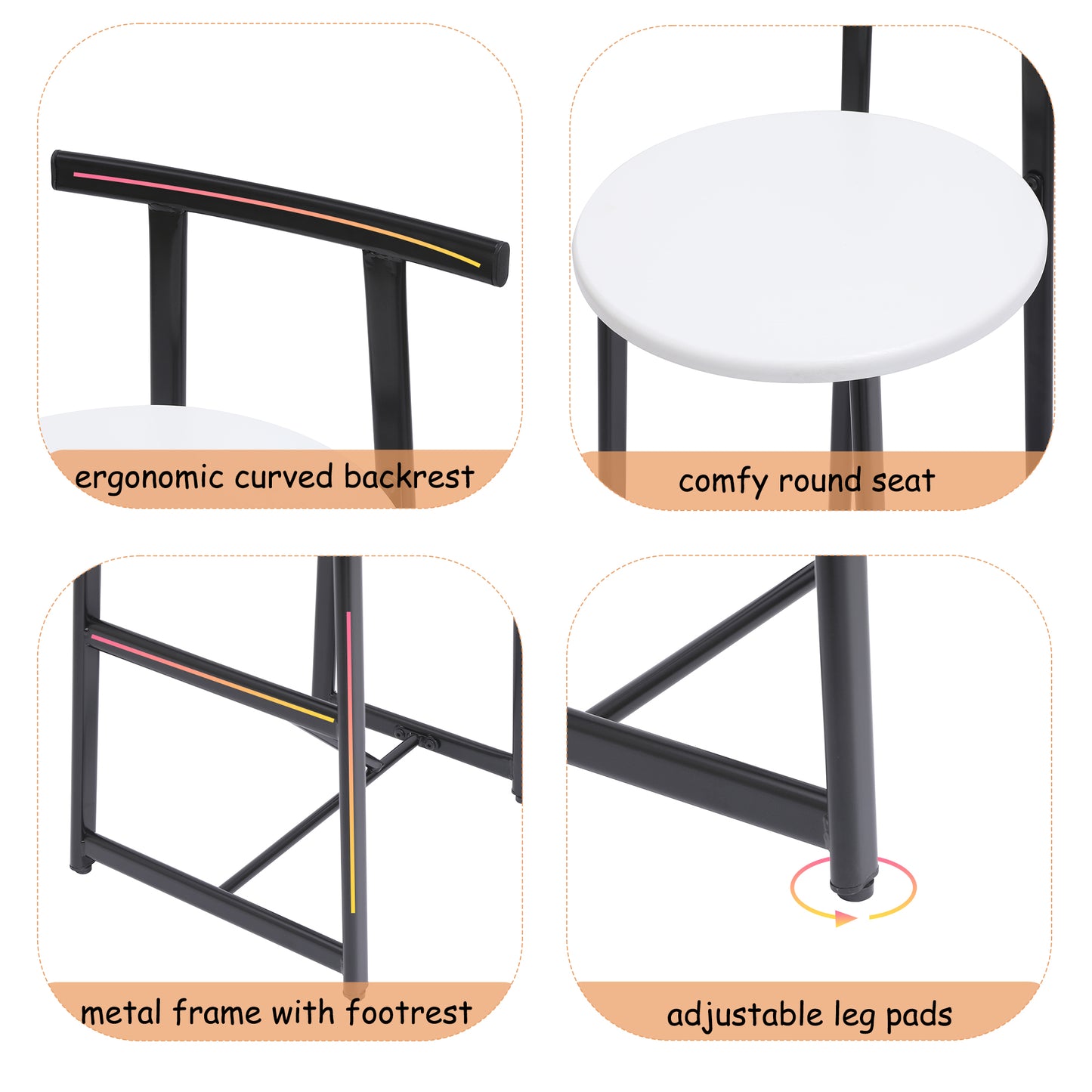 Metal Bar Stools Set of 3 with Backrest - Black & White