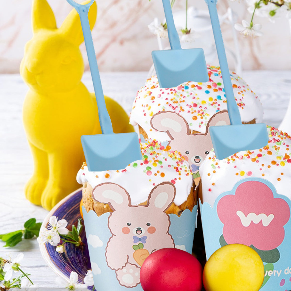Cute Bunny Flower Cupcake Liners with Spoons - 100 Pcs Set