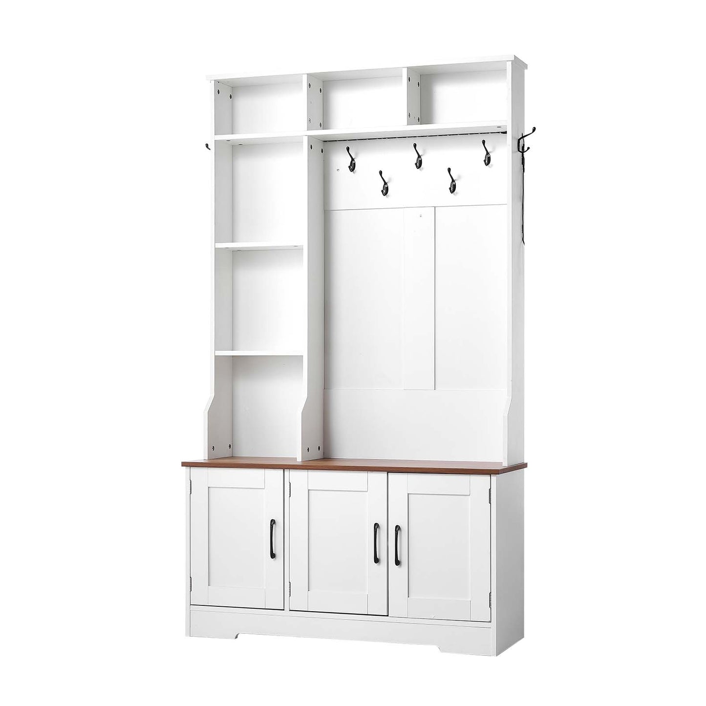 Hall Tree with Bench and Shoe Storage - 39-Inch Entryway Organizer with LED Light, Hooks, Shelves, White