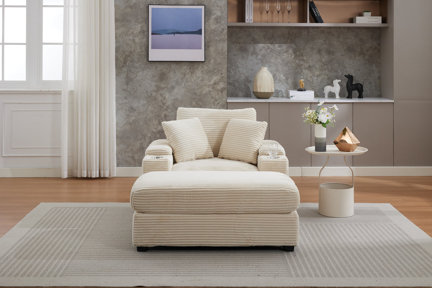 Corduroy Upholstered Chaise Lounge Sofa with Storage & Ottoman - Beige
