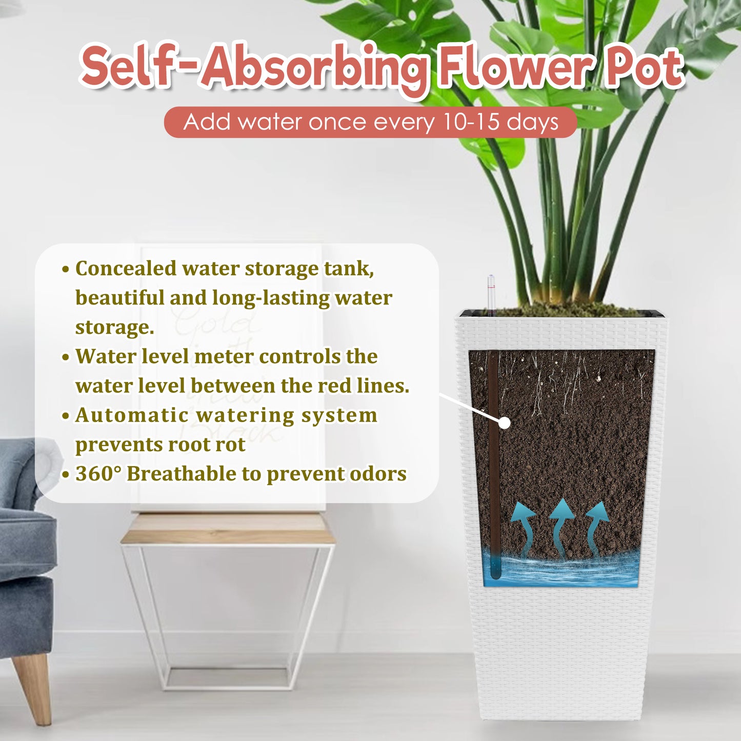 30 In Tall Large Flower Pots Planter With Self-Watering Drainage