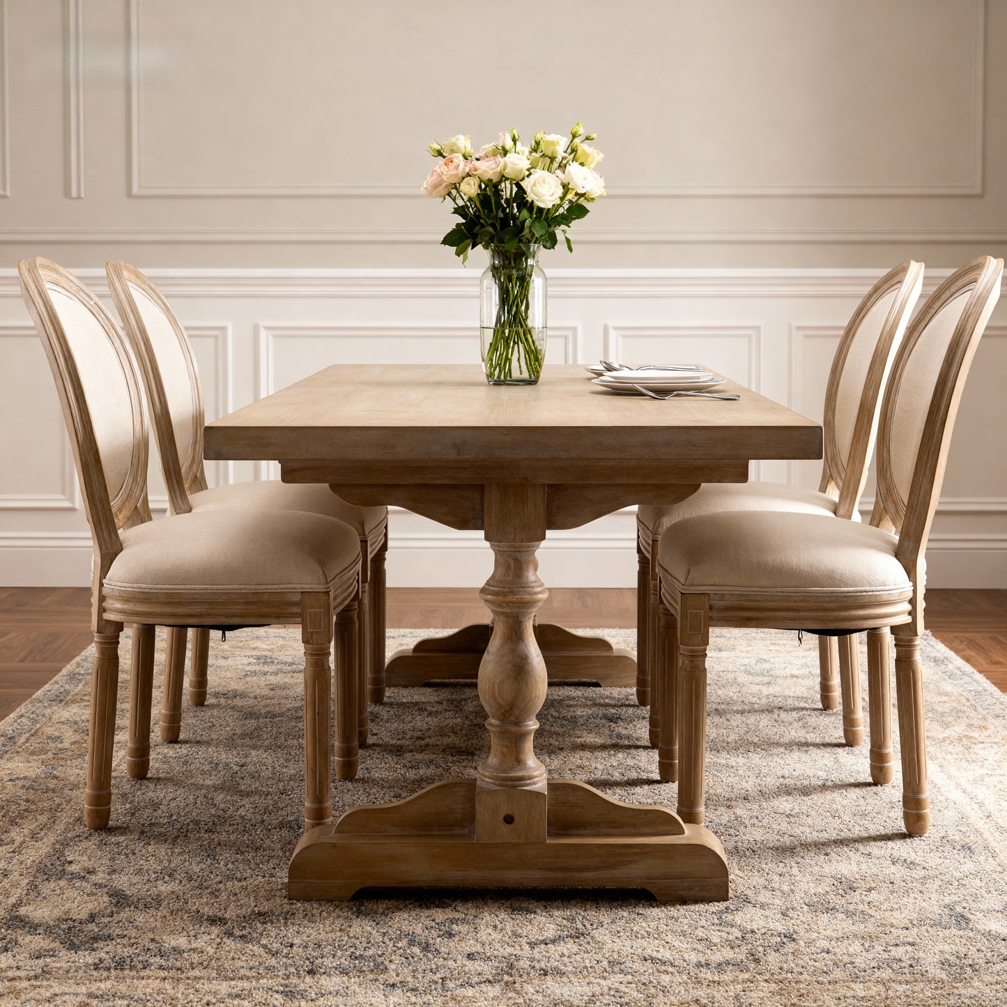 Beige French Style Solid Wood Frame Oval Back Dining Chairs - Set of 2