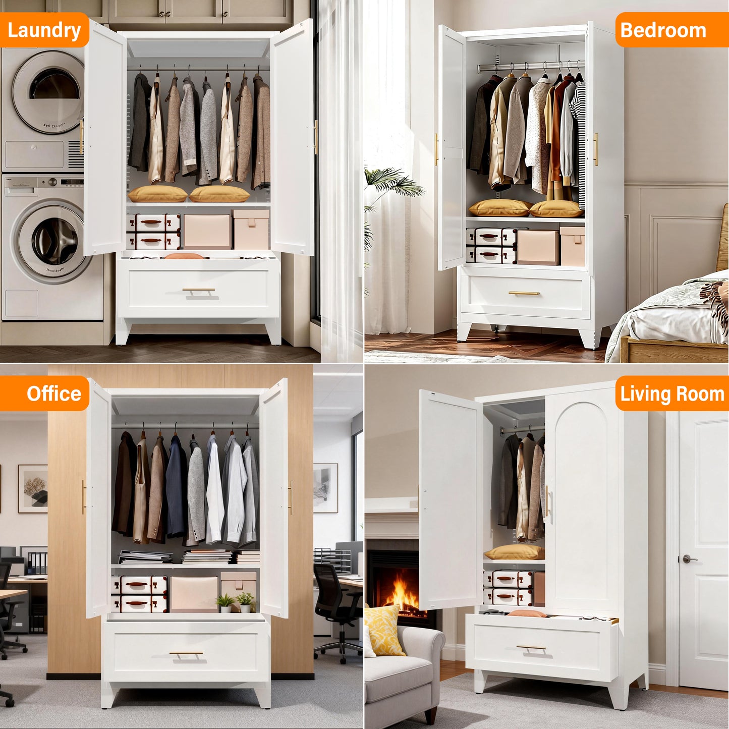 60 Tall Metal Wardrobe Cabinet With 1 Drawer And Hanging Rod, 2 Doors