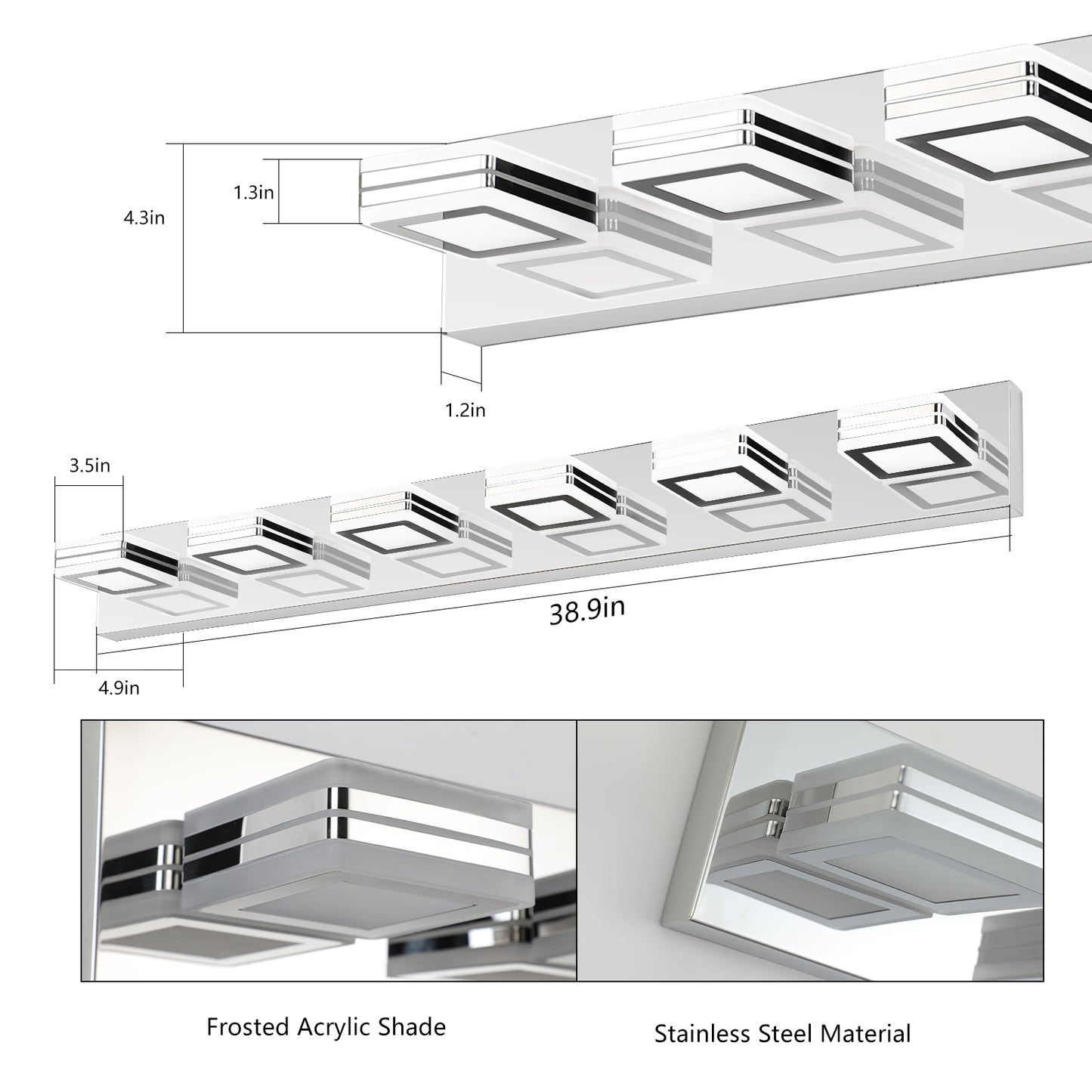 39-Inch Modern Chrome LED Vanity Light with Acrylic Lampshades