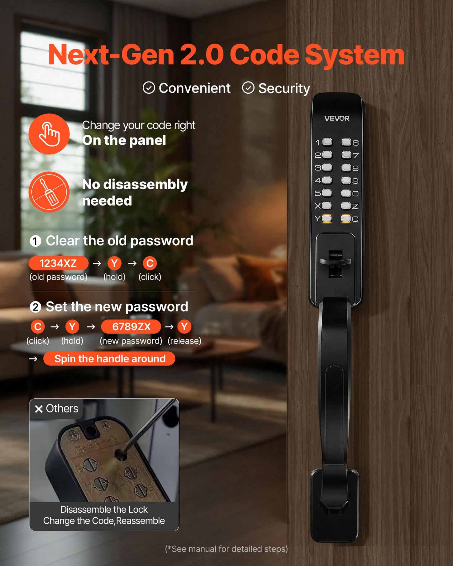 Mechanical Keyless Door Lock - Double-Sided Push Button, 4-7 Digit Code, Outdoor/Indoor Security, Black