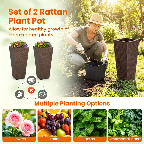Set of 2 Rattan Planters with Removable Inner Pots & Adjustable Metal Frames - Brown Garden Decor