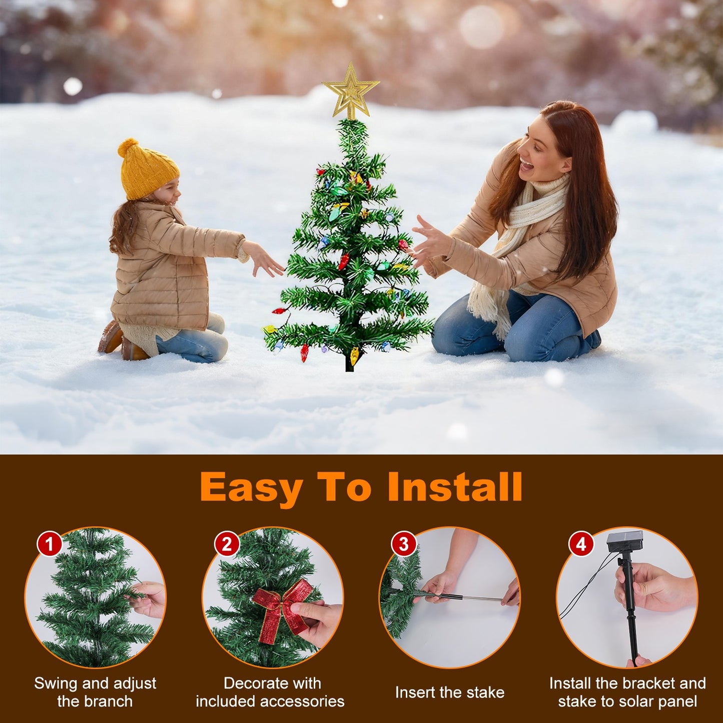 Solar Christmas Tree Lights - 37.4in Height, 100 LEDs, 8 Modes, 2 Pack