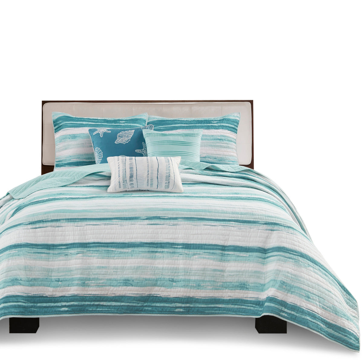 6 Piece Printed Quilt Set With Throw Pillows Aqua Full Queen