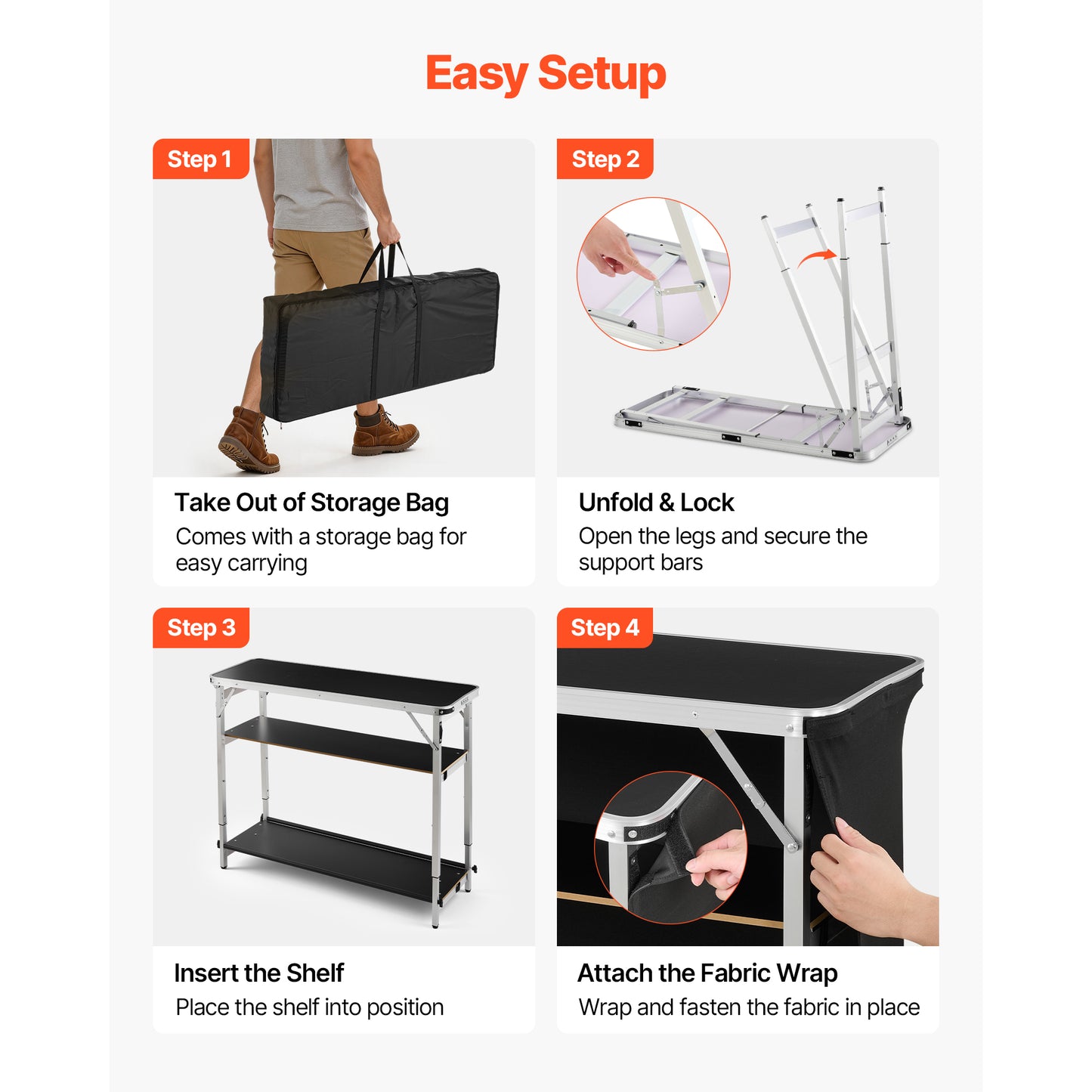Foldable Portable Bar Table 43.5x15.4x39.8in with Storage Shelves & Carry Bag