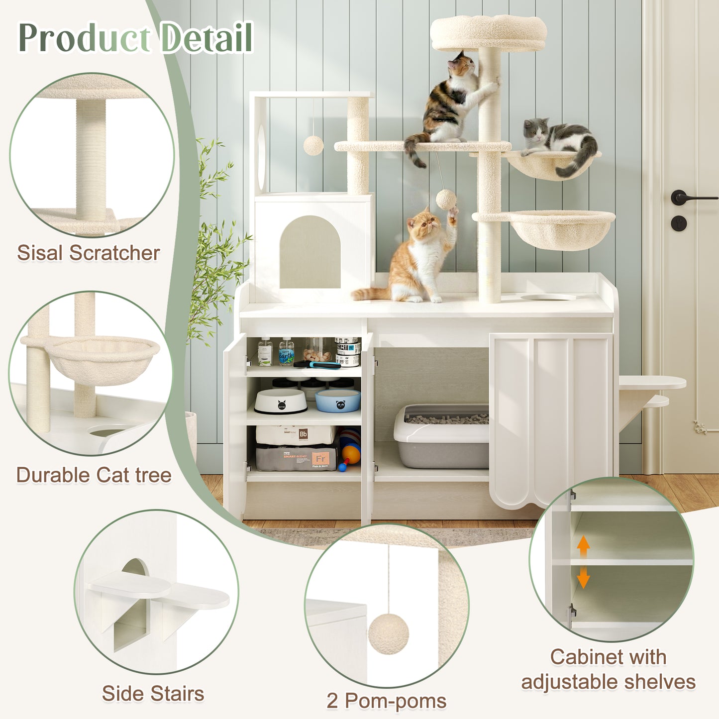 50.6 Cat Tree With Litter Box Enclosure, 5Cat Tower Sisal Scratching