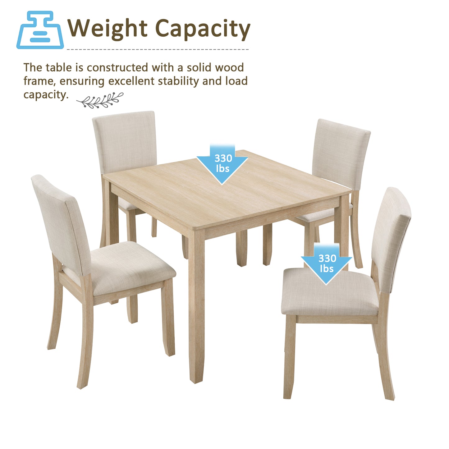 4-Person Wooden Dining Table Set with 4 Chairs - Light Oak & Beige