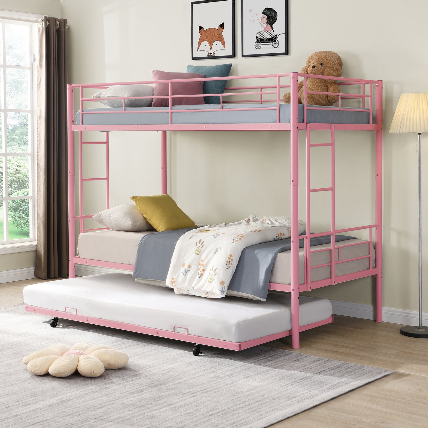 Metal Bunk Bed with Trundle in Pink - Space-Saving Design
