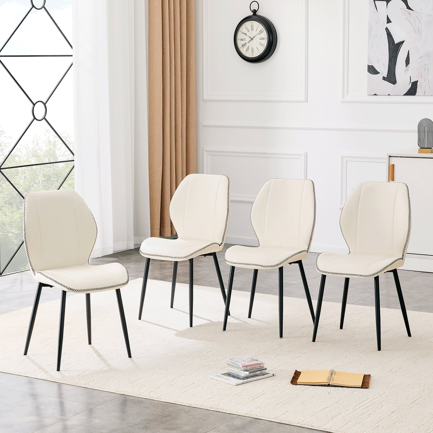 4-Pack PU Leather Dining Chairs with Black Metal Legs - White