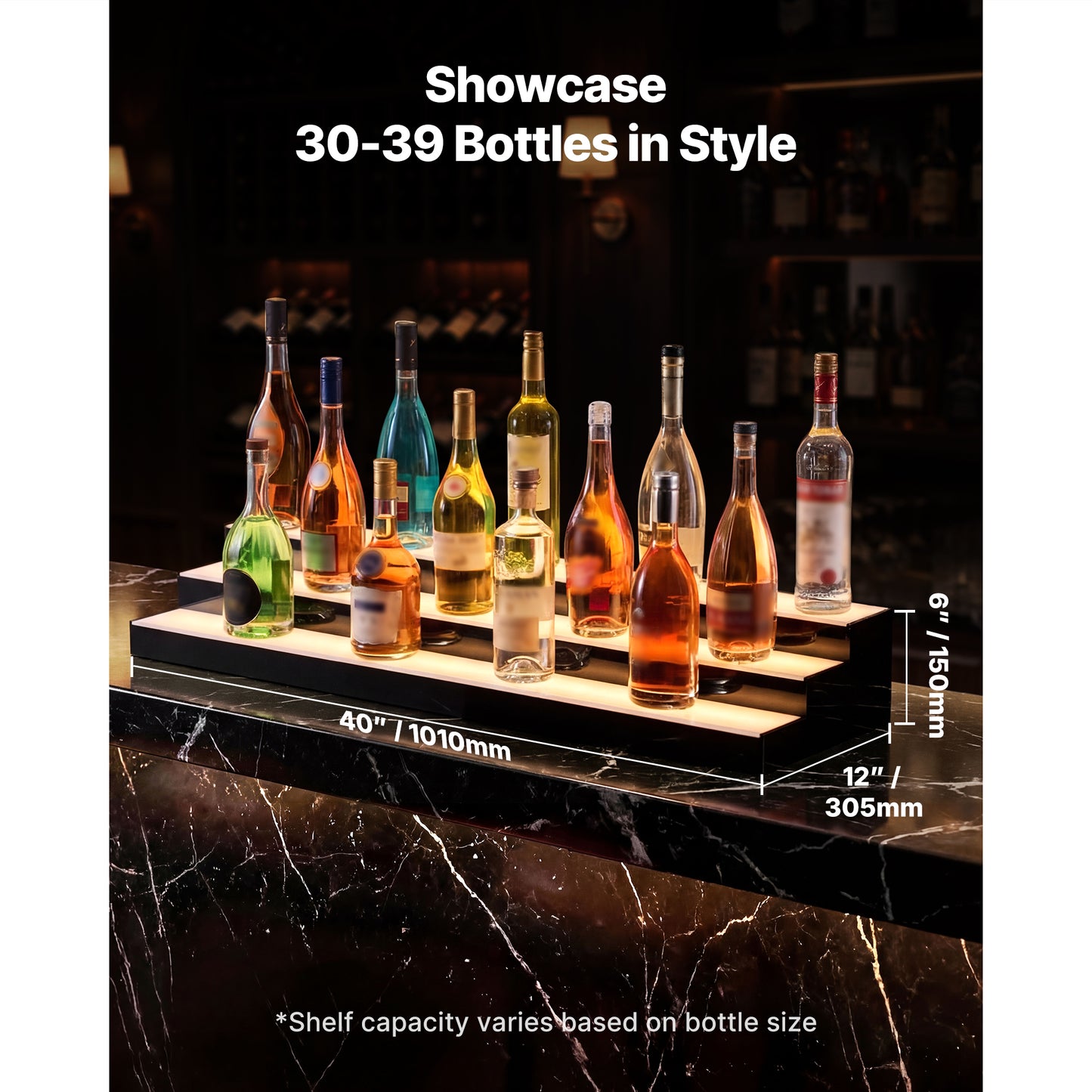 LED Liquor Bottle Display Shelf with Remote & App Control - 3 Tiers, 40 Inch, Acrylic Illuminated Bar Decor for 30-39 Bottles
