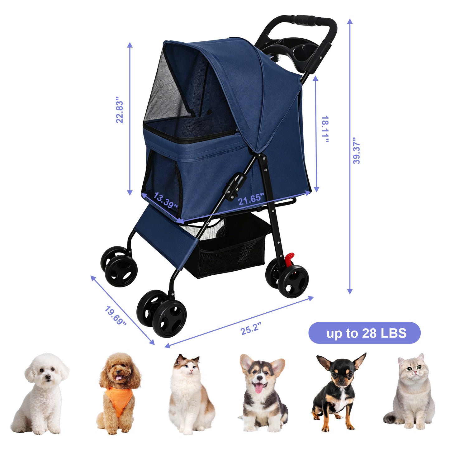 Foldable Pet Stroller for Small Dogs and Cats - Blue, 28 lbs Capacity