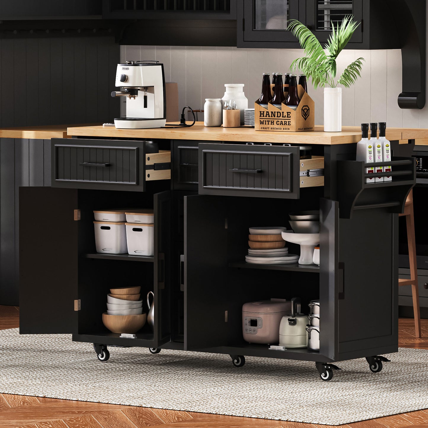 K&K 56.5 Kitchen Island With Drop Leaf, Power Outlet, Embossed
