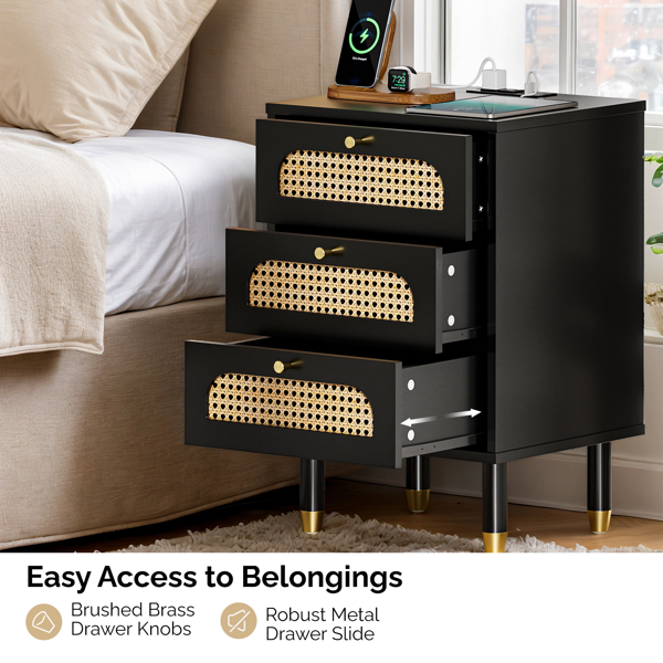 3-Drawer Nightstand with Rattan Fronts and Power Outlet - Black