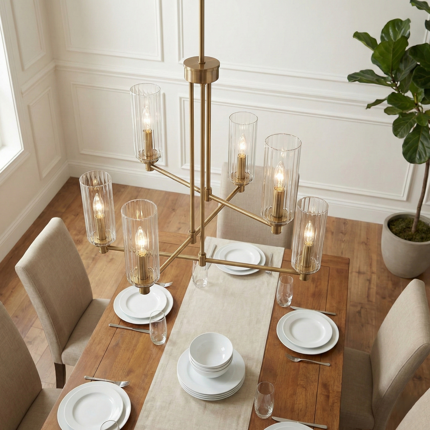 Timeless Six Lights Chandelier With Clear Ribbed Glass - Satin Brass