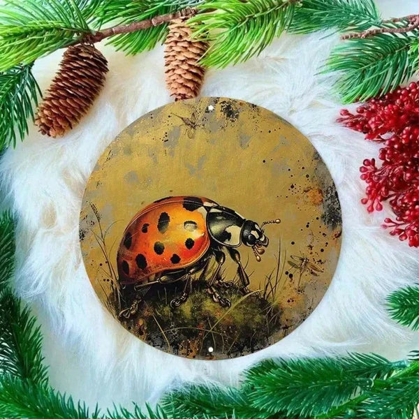 Round Aluminum Metal Sign - Golden Ladybug Wall Decor