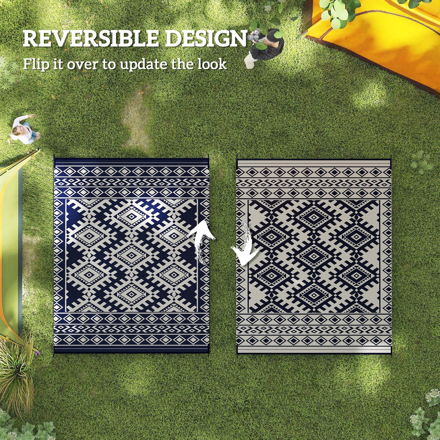 Reversible Outdoor Rug - Waterproof Plastic Straw, 8' x 10', Blue & White Rhombus